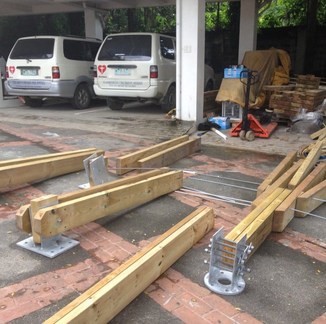 Wooden legs are being assembled